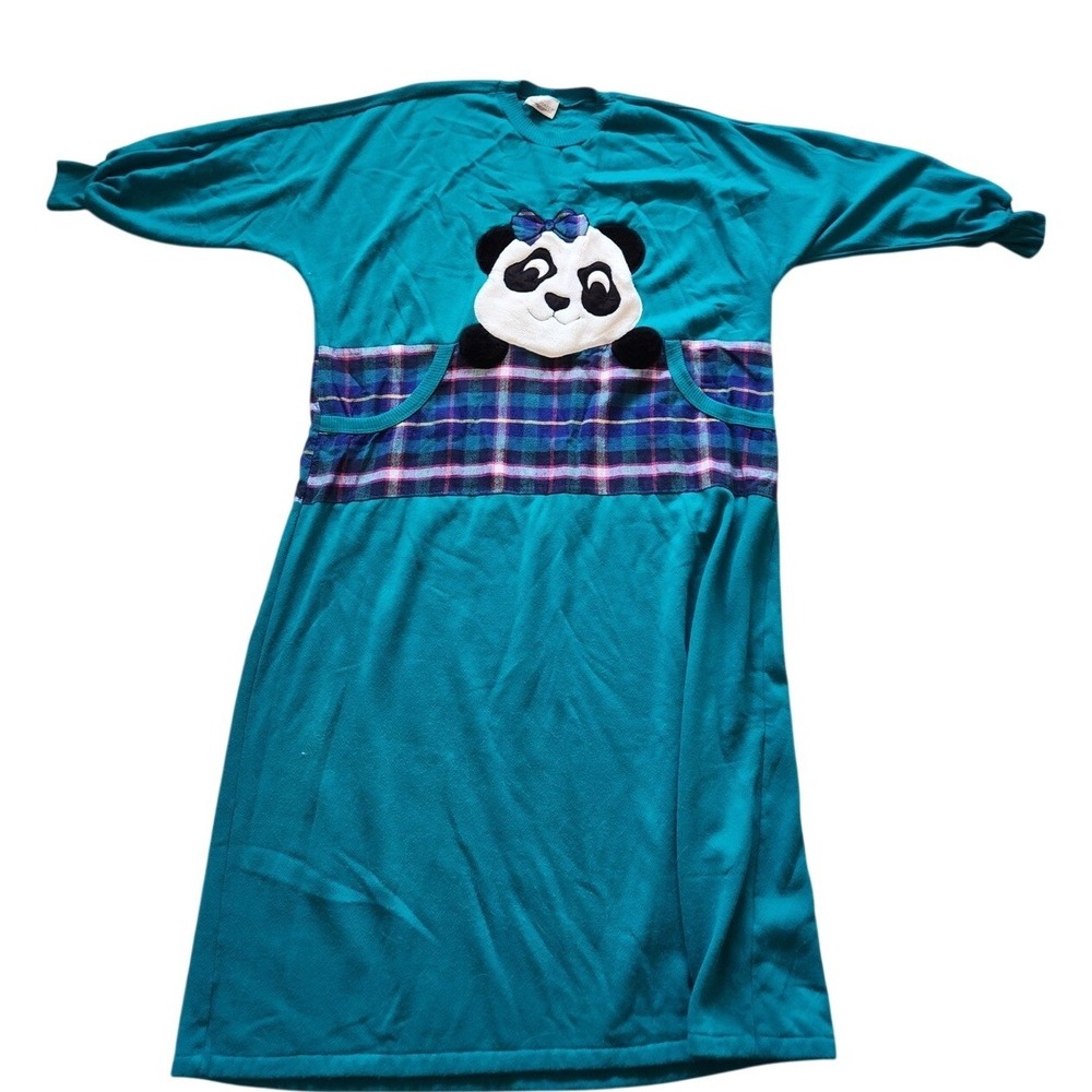 Vintage Beth Michaels Teal Panda Plaid Fleece‎ Nightgown 2X Made in USA 90s 22